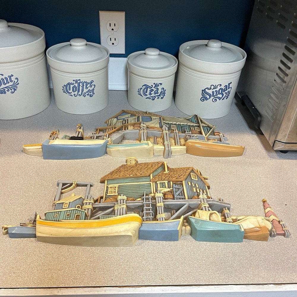 Vintage Burwood Products 1977 Fishing Village Wharf 3D Wall Decor Set of 2